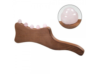 Dispozitiv profesional din lemn, pentru masaj, anticelulitic, terapie Gua Sha, cu 5 bile din cristal de cuart roz R187S