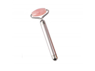 Rola electrica din jad roz, cu maner metalic argintiu, pentru masaj facial, lifting, relaxare, cu vibratii (cod R133)